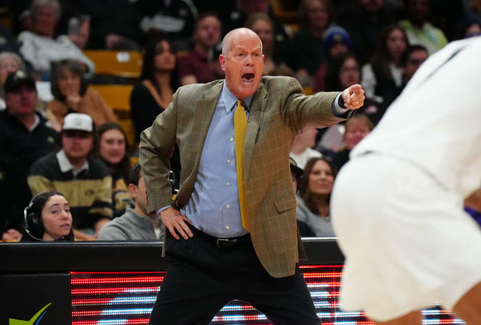 Dec 29, 2023; Boulder, Colorado, USA; Colorado Buffaloes head coach Tad Boyle calls out in the first half against the Washington Huskies at the CU Events Center